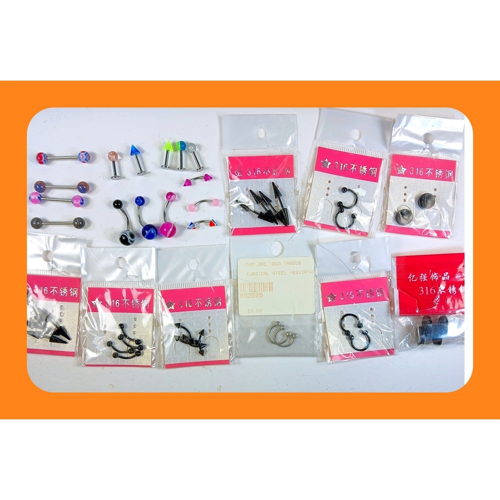 Vintage New Old Stock Body Jewelry Lot 316L Surgical Steel‎ Acrylic 30+ Pc Bulk